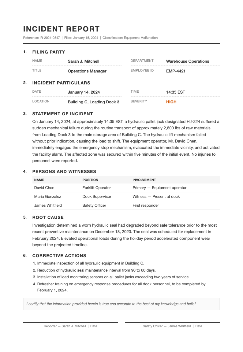 Legal contract incident report